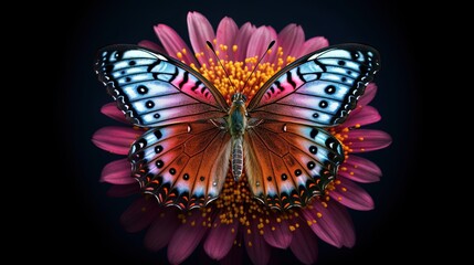 Obraz na płótnie Canvas a butterfly sitting on top of a flower on a black background. generative ai