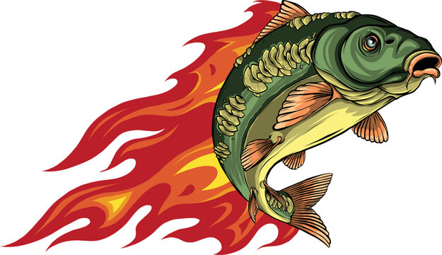 green fish leaping through red flames clip art preview