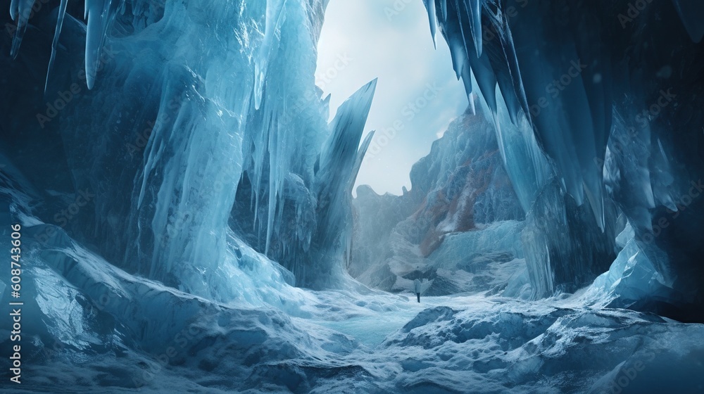 Aufkleber an ice cave with a large amount of ice hanging from the ceiling the walls of the cave are made of ic