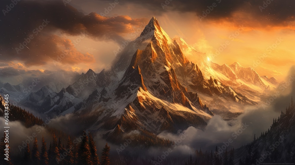Aufkleber a painting of a mountain with clouds and trees in the foreground. generative ai