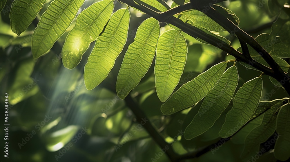 Poster a close up of a leafy tree with sunlight shining through the leaves. generative ai