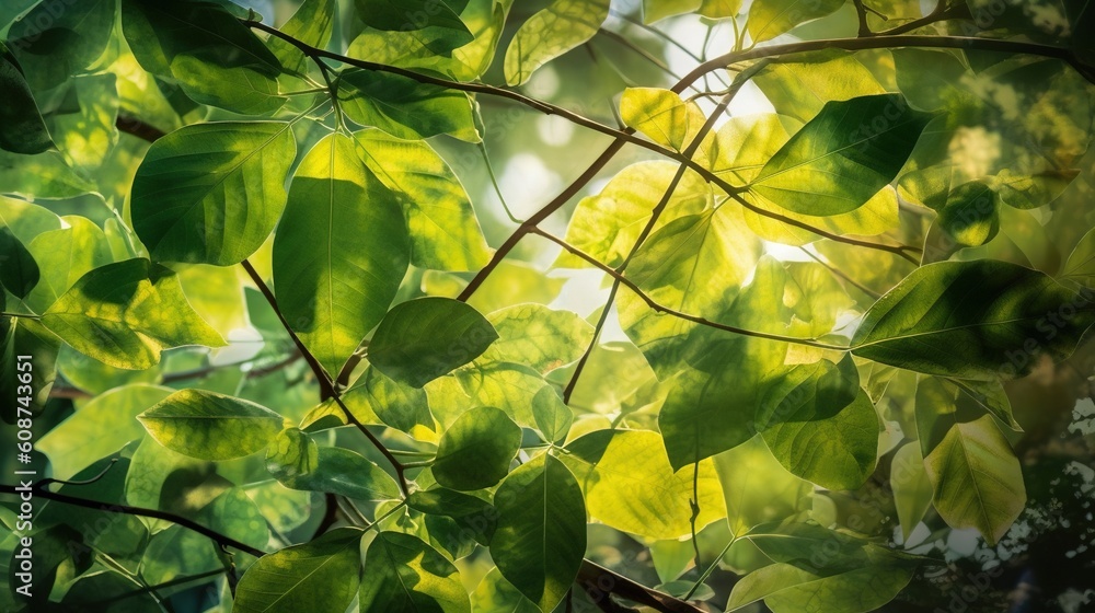 Poster a close up of a tree branch with leaves on it. generative ai