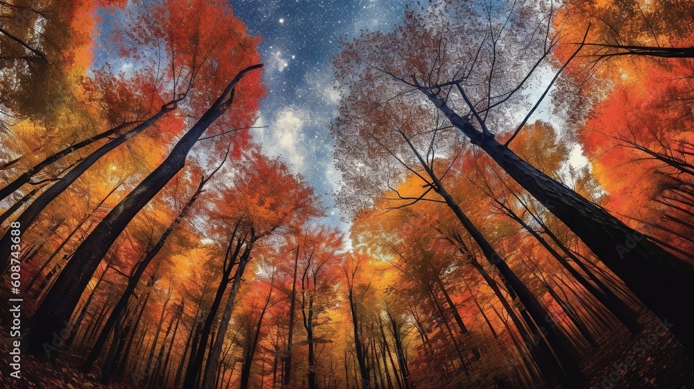 Poster a picture of a forest with trees in the foreground and the sky in the background. generative ai