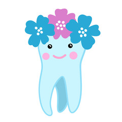 Hand drawn illustration of cute tooth teeth, dentist design for kids children. Funny chacter in pink blue, dental hygiene medicine healthcare, happy cartoon mouth .