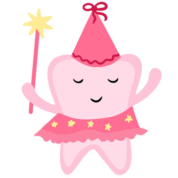 Hand drawn illustration of cute tooth faity tooth teeth, dentist design for kids children. Funny chacter in pink blue, dental hygiene medicine healthcare, happy cartoon mouth .