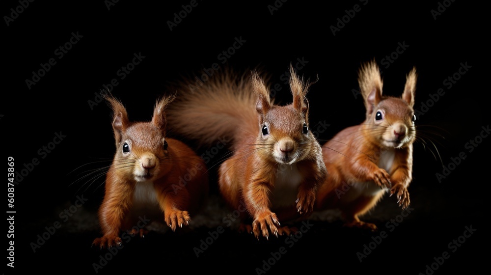 Poster three red squirrels are standing in a row and looking at the camera. generative ai