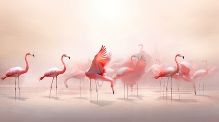 Fototapeta na wymiar a group of pink flamingos standing in a foggy area. generative ai