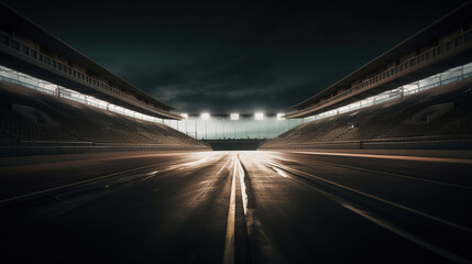 Race Track Arena with Spotlights. Empty Racing track with grandstands, shooting in the middle of the racing track and starting point, Generative AI