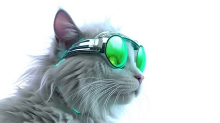 Closeup side portrait fat cat glowing green theme with VR. Generative AI illustrations