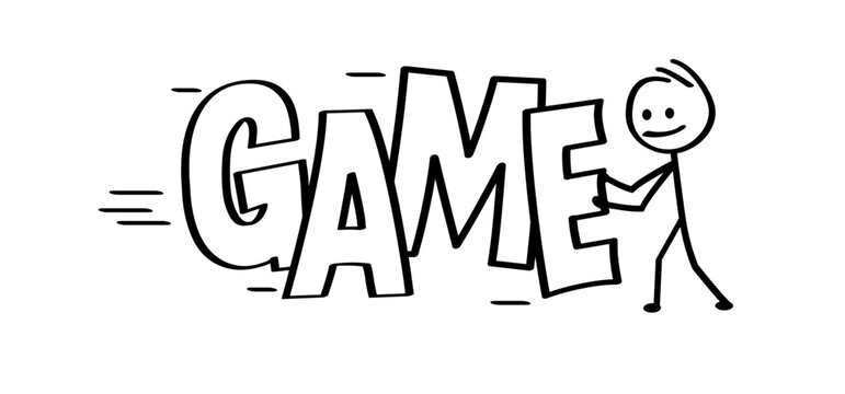 Slogan and text game. Let's play and game over. Cartoon stickman, stick figure man push, forward icon. Gaming symbol. Pushing sign. Fun zone, gamers sign. I Can't hear you i'm gaming !