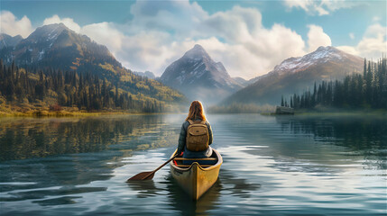canoeist driving lonely through deserted dreamlike lake landscape with mountains in background, generative AI