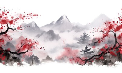 Chinese ink landscape painting created digitally Japan traditional ink illustration background © EnelEva