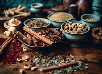 Harmony of Herbs and Spices on a Vintage Tableau | AI Generated