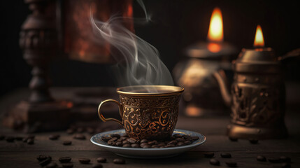 Steaming turkish coffee with coffee beans, tasty, close shot. Generative AI - obrazy, fototapety, plakaty