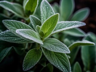 sage plant with fresh green leaves glistening with morning dew