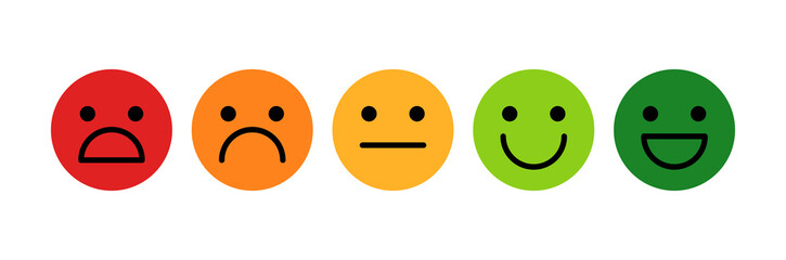 Happy, laughing, neutral, sad, upset, unhappy, shocked smile icon. Colorful customer feedback vector emoticon set. Colorful negative, positive face icons.