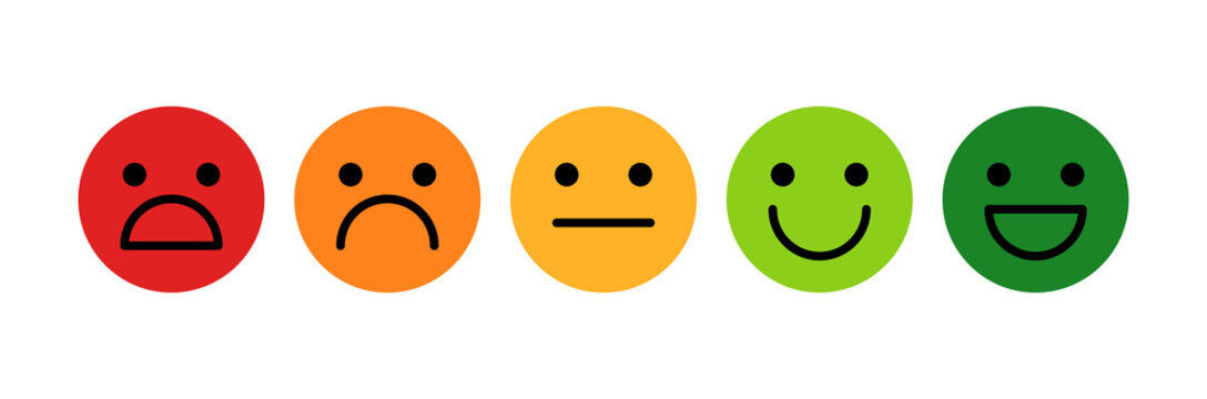 Happy, laughing, neutral, sad, upset, unhappy, shocked smile icon. Colorful customer feedback vector emoticon set. Colorful negative, positive face icons.