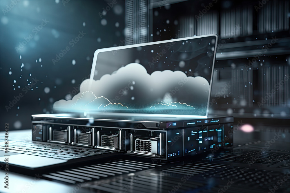 Poster laptop with cloud storage on screen standing on server on dark background, created with generative a