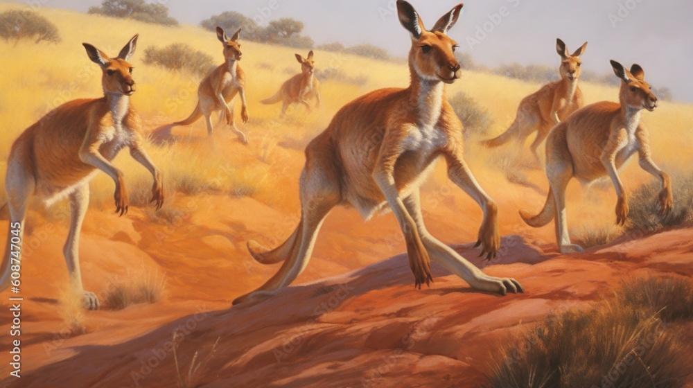 Aufkleber a painting of kangaroos running across a desert plain with trees in the background. generative ai