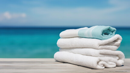 Obraz na płótnie Canvas Seaside Luxury, White Beach Towels Gracefully Resting on Wood against a Blurred Blue Sea. Generative AI