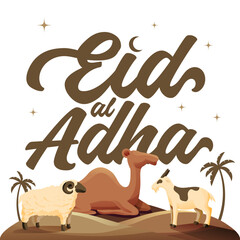 Simple Eid Al Adha Calligraphy Banner With Sacrifice Animal and Palm Tree Background