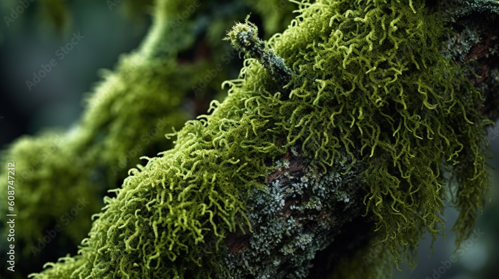 Poster a close up of a tree with moss growing on it. generative ai
