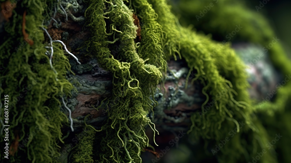 Poster a close up of a tree with moss growing on it. generative ai