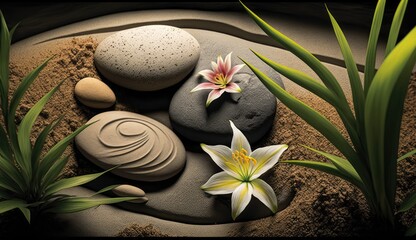 sand lily and spa stones In zen garden