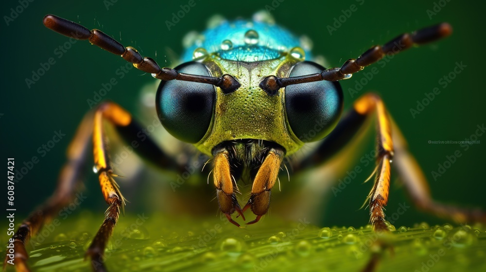 Poster a close up of a bug on a green leaf with drops of water on its eyes. generative ai