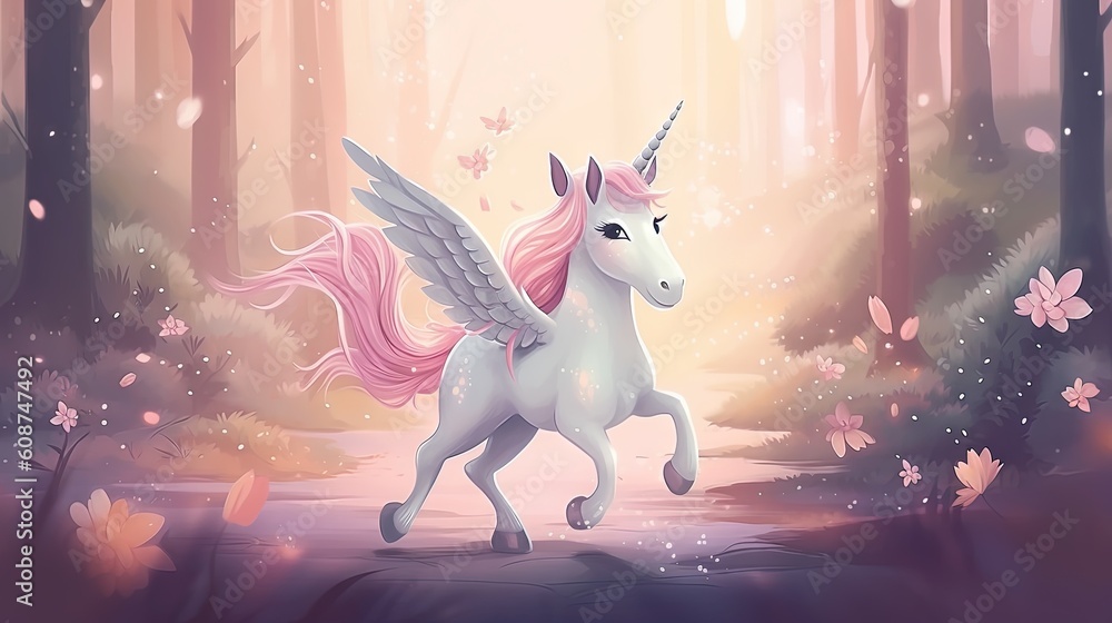 Poster a white unicorn with pink mane running through a forest filled with flowers. generative ai