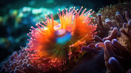 Fototapeta na wymiar an orange and blue sea anemone on a coral. generative ai