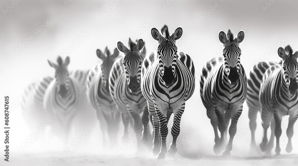 Poster a group of zebras are running in a line together. generative ai