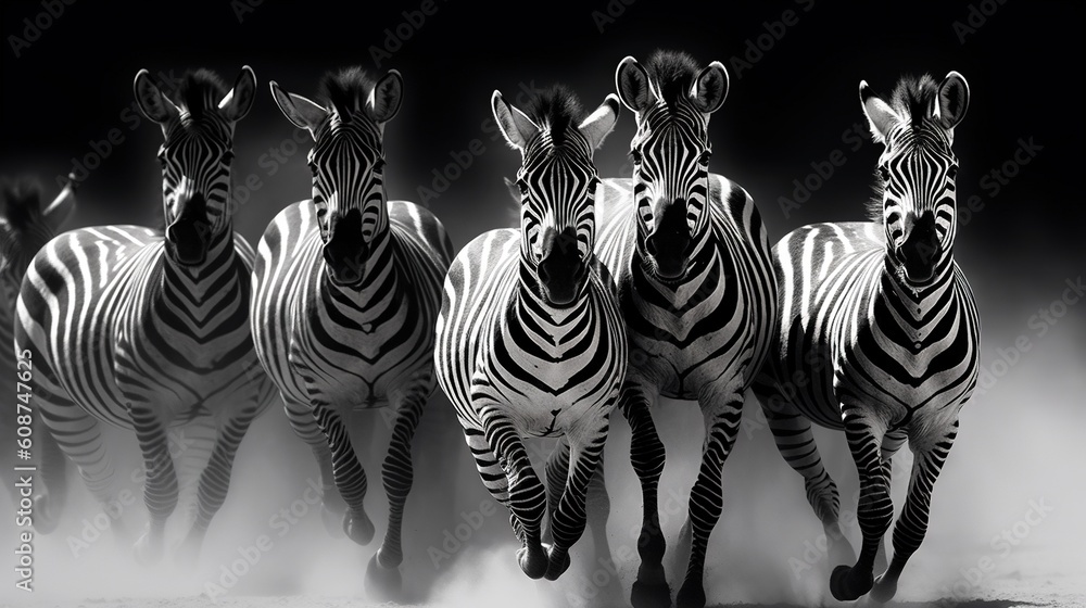 Aufkleber a group of zebras running in a line in the dust. generative ai