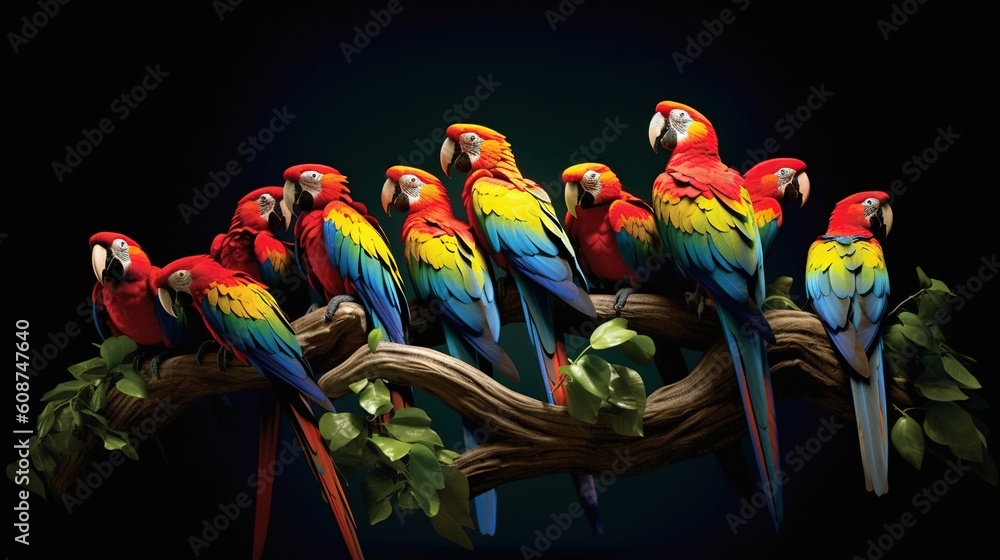Poster a group of colorful parrots sitting on a branch of a tree. generative ai