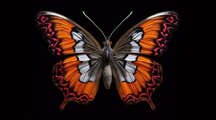 Obraz na płótnie Canvas a large orange and white butterfly on a black background with a black background. generative ai