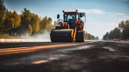Roller rolling fresh hot asphalt on the new road. Road construction. Generative AI - obrazy, fototapety, plakaty