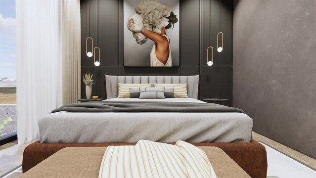 Modern bedroom interior design in a modern house. 3D video.