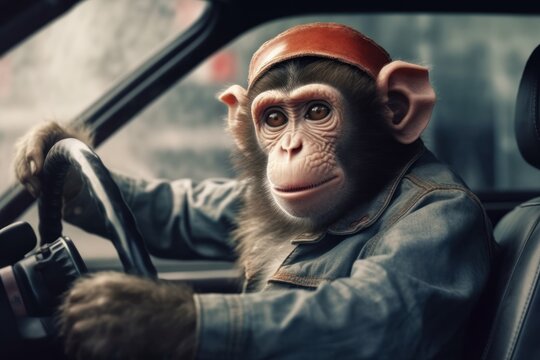 A monkey driving a car, close-up. Generative AI