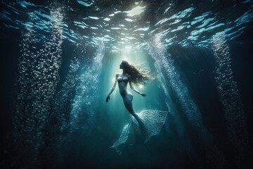 Beautiful young woman with mermaid tail swims and dives under sunny deep water, fantastic fish in water, generative AI. - obrazy, fototapety, plakaty