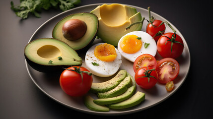 Very healthy food plate with avocados, tomatoes, eggs and other healthy food, Generative AI