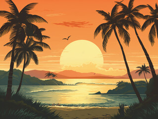an illustration of a mountain sunset and palm trees at the beach