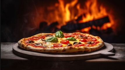 Obraz na płótnie Canvas Traditional baked pizza on background of blurred brick oven fire. Generative AI