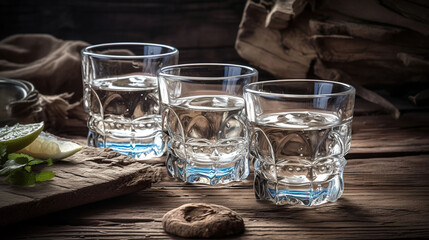 Traditional greek vodka - ouzo in shot glasses on rustic wood background. Generative AI - obrazy, fototapety, plakaty