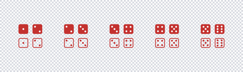 Game dice icon.Set of monochrome dice. Dice in a flat and linear design from one to six. rolling red dice set isolated on a transparent background. Vector illustration