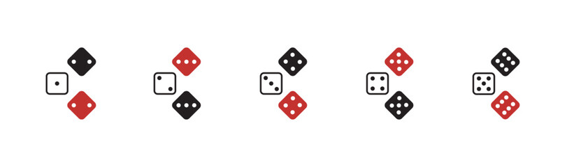 Game dice icon.Set of monochrome dice. Dice in a flat and linear design from one to six. rolling red and black dice set isolated on a white background. Vector illustration