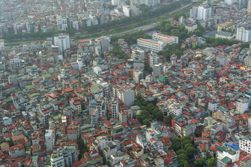 Naklejka premium Aerial view of Hanoi Downtown Skyline, Vietnam. Financial district and business centers in smart urban city in Asia. Skyscraper and high-rise buildings.