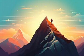 Goal to success for level up with person climbing on route slope to mountain peak. Human performance limit concepts. Growth mindset and motivation. Generative AI - obrazy, fototapety, plakaty