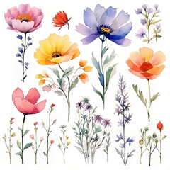 White Background Separeted Isolated Watercolour Flower Illustrations 