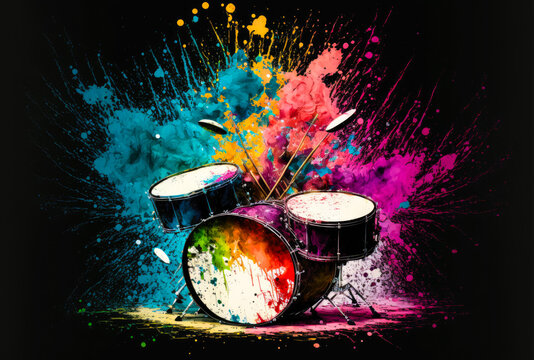 A drum set on black background with splashes of colorful paint. Created with Generative AI.
