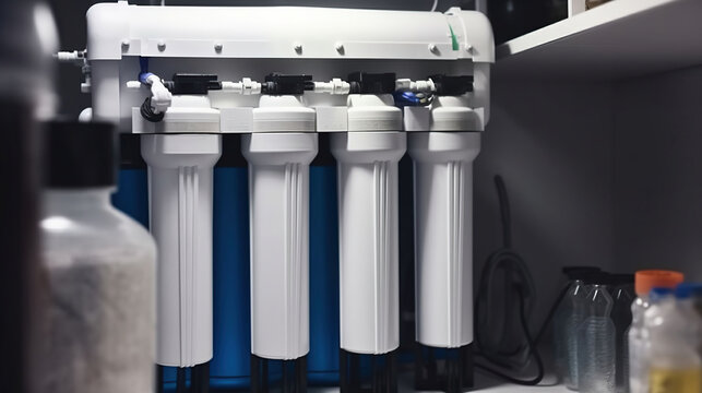 Home water filtration system. Osmosis deionization system. Water treatment Appliances, ultrafiltration background. Generative AI